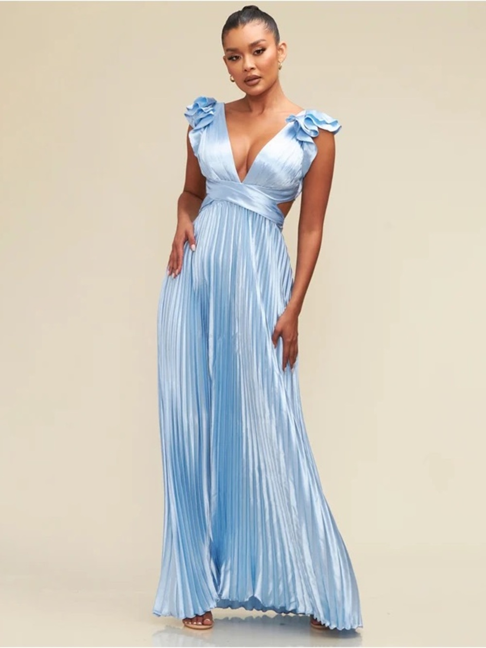 Luxxel Sky-Blue Pleated V-Neck Maxi Dress with Floral Shoulder Accents